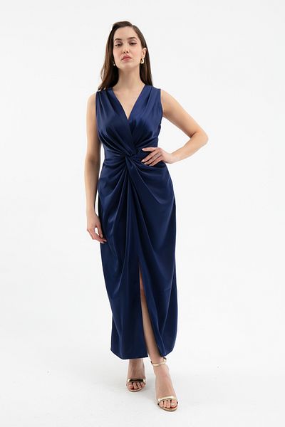 Lafaba Women's Navy Blue Knot Detailed Midi Satin Dress