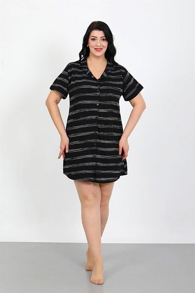 Celira Plus Size Combed Cotton Button Black Tunic Nightgown 1033
