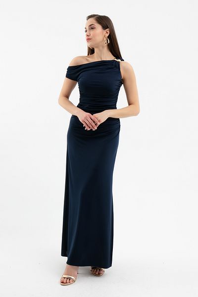 Lafaba Women's Navy Blue Accessory Detail Long Knitted Dress