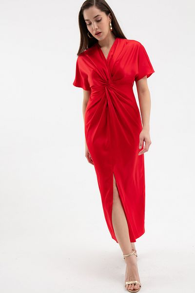 Lafaba Women's Red Knot Detailed Midi Satin Dress