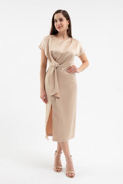Lafaba Women's Camel Slit Midi Satin Dress