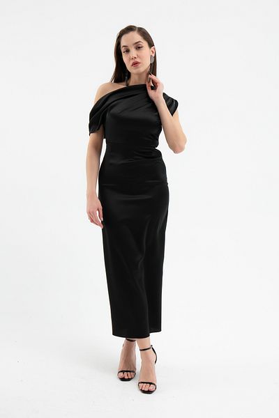 Lafaba Women's Black Degaje Collar Slit Satin Midi Dress