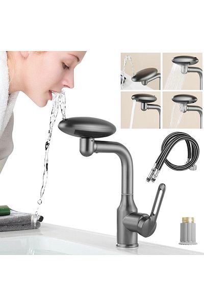 COOYA Kitchen Tap, 4 Modes Single Hole Faucet, 360° Rotating Single Handle Bathroom Faucet with 1/2" Hose