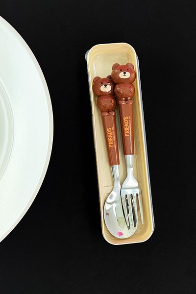 Patladı Gitti Brown Teddy Bear Figured Metal Tip Spoon and Fork - Food Spoon School Lunch Box Set