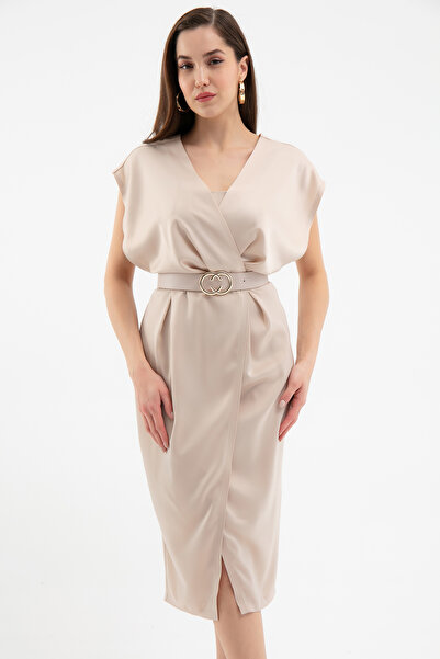 Lafaba Γυναικείο Μπεζ Διπλό Μίντι Φόρεμα με Ζώνη