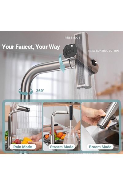 COOYA Waterfall Kitchen Tap, Brushed Stainless Steel Kitchen Faucet with Pull-Out Sprayer 3 Modes, Silver