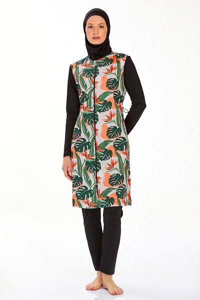 Elit Orange Green Leaf Pattern Long Sleeve Zippered Full Covered Hijab Swimsuit 9257