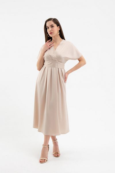 Lafaba Women's Beige Double Breasted Collar Waist Belted Satin Midi Dress