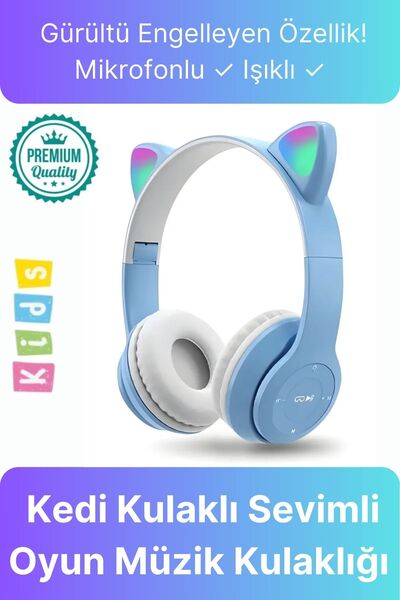 Svein Kablosuz Gürültü Engelleyen Bluetooth Işıklı Mikrofonlu Kedi Kulaklı Sevimli Oyun Müzik Kulaklığı
