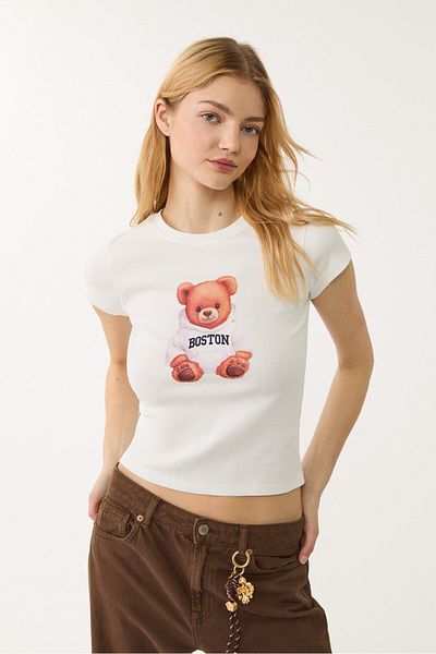 Stradivarius Fitted bear print T-shirt