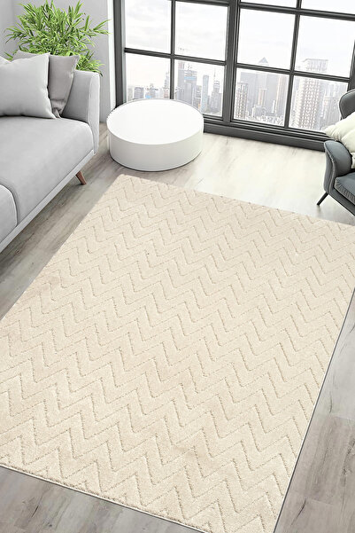 Raschel Carpet Moopy Krem Bukleli Yumuşak Zikzak Dokuma Yolluk Halı Salon Halısı LP6497_KREM