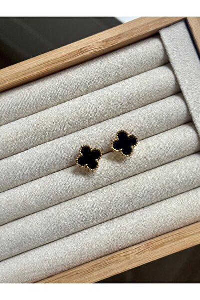 YOUES JEWELRY 316l Çelik Gold Siyah Yonca Küpe Kadın Küpe