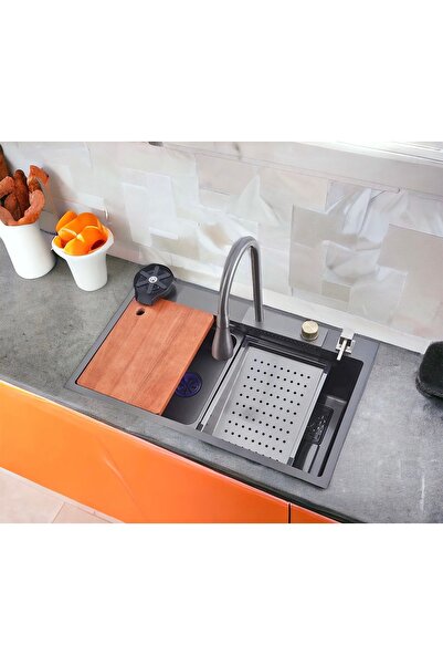 NURKA 75x45 Akıllı Evye seti teknolojik bataryalı şelale Evye siyah siyah tüm...