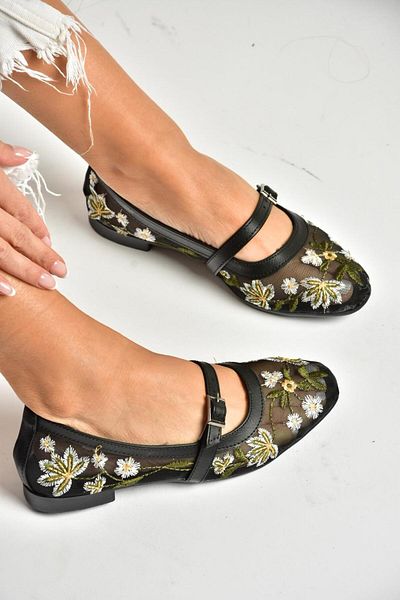 Fox Shoes U 241793015   Schwarze Mesh-Ballerinas mit Blumenmotiv für Damen