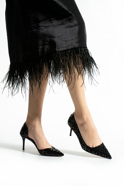 Güllü Shoes Black Pointed Toe Leopard Patterned Stiletto – Stylish, Thin Heeled, Velvet Textured, Elegant Women's Shoes