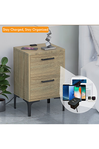 Mahmayi Modern Grey Oak End Table with USB Ports & Soft-Close Drawers for Living Room/Bedroom