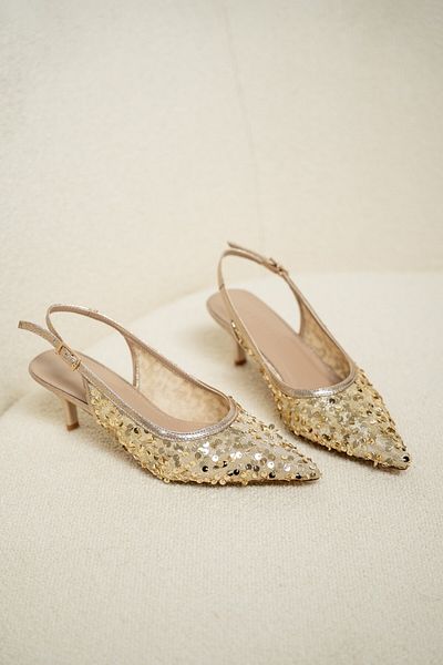 LAMİNTA Pulla Gold Open Back Sequin Decorated Women's Heeled Shoes