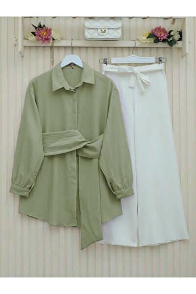 Modamorfo Waist-Tied Crinkle Shirt - Water Green