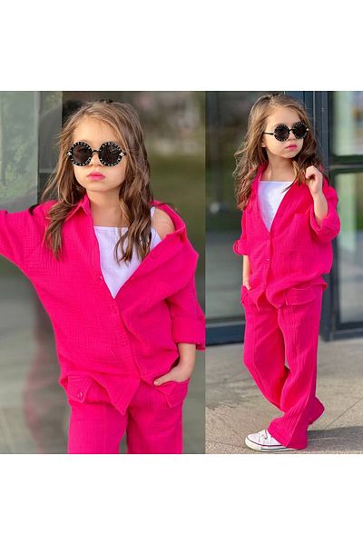Elidabutik 3-Piece Fuchsia Set with Muslin Fabric Shirt