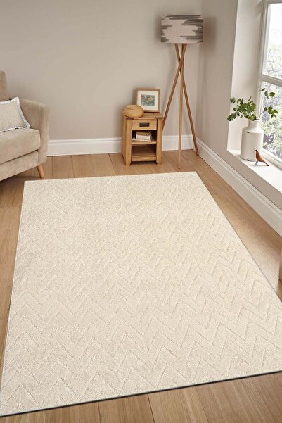 Raschel Carpet Moopy Krem Bukleli Yumuşak Zikzak Dokuma Yolluk Halı Salon Halısı LP6497_KREM