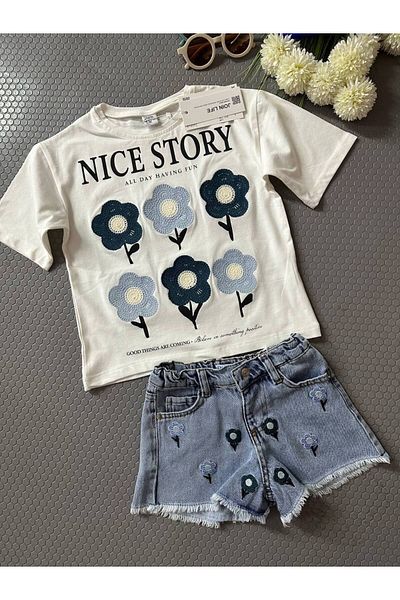 Tiny Girl's Floral Woven Tshirt and Denim Shorts Set