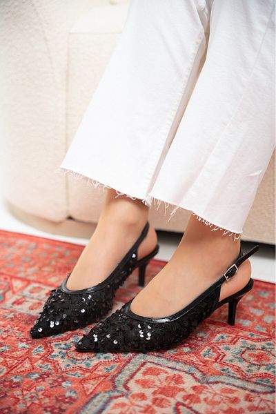 LAMİNTA Pantofi cu toc pentru femei Pulla Black Open Back cu paiete