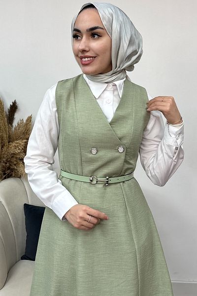 Tesettür Diyarı Γυναικείο Φόρεμα Gilet με λεπτομέρεια με κουμπιά-Πράσινο μέντας