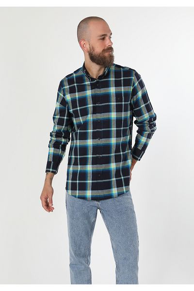 Colin's Regular Fit Shirt Neck Plaid Men's Navy Blue Long Sleeve Shirt