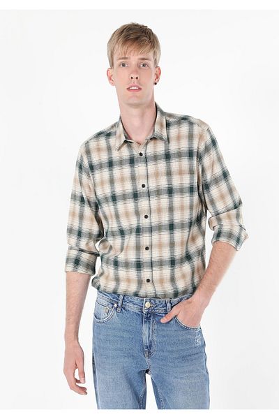Colin's Regular Fit Shirt Neck Plaid Men's Green Long Sleeve Shirt