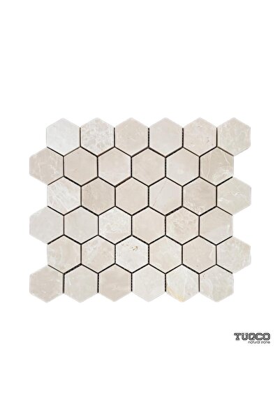 TUQCO Doğal Taş 2’’ Altıgen Bej Cilalı Mermer Mozaik Fileli