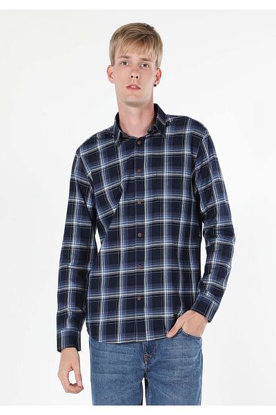 Colin's Regular Fit Shirt Neck Checked Men's Navy Blue Long Sleeve Shirt