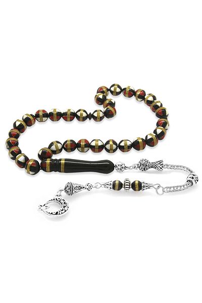 Tesbihane Red Enamel Filled Brass Spiral Globe Cut Kuka Rosary with Non-Tarnish Metal Tassels