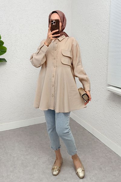 Salih Çelebi 2277 Beige Double Breasted Long Dress