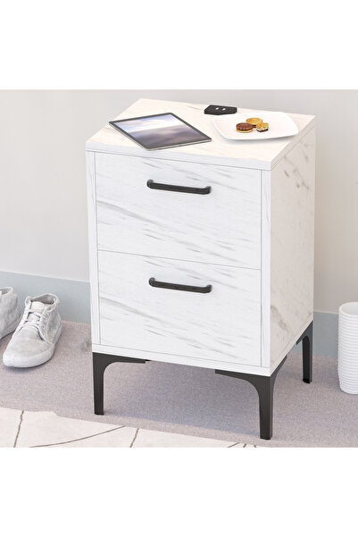 Mahmayi Modern White Marble End Table with USB Ports & Soft-Close Drawers for Home & Office