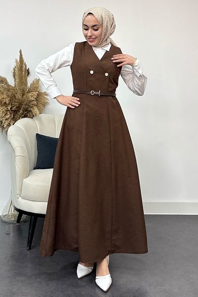 Tesettür Diyarı Γυναικείο Καφέ Φόρεμα Gilet - Σχέδιο με λεπτομέρεια με κουμπιά