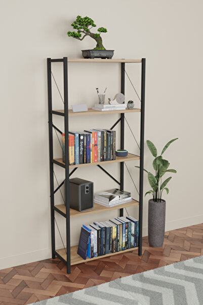 DEB Mobilya Dekoratif 5 Raflı Kitaplık Metal Kitaplık Çam