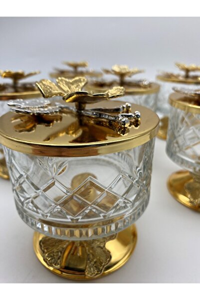 Fiyakalı Ürünler Atölyesi 6-Piece Gold Timeless Glass Magnolia Set - Freezer and Sugar Bowl with Butterfly Lid