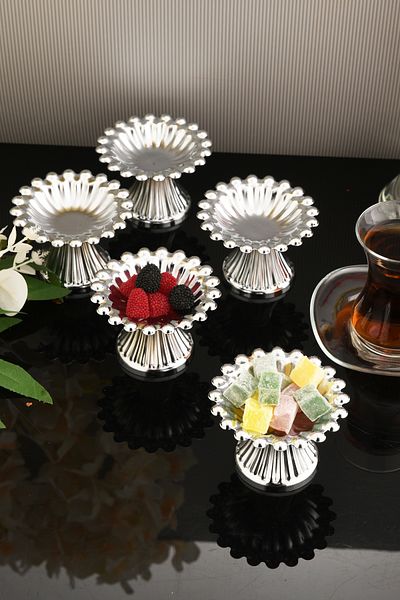 AKSESUAR EVRENİ Lumoni Line Footed Beaded Turkish Delight Bowl Silver Set of 6