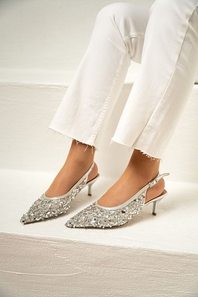 LAMİNTA Pantofi cu toc pentru femei Pulla Silver cu spatele deschis, decorati cu paiete