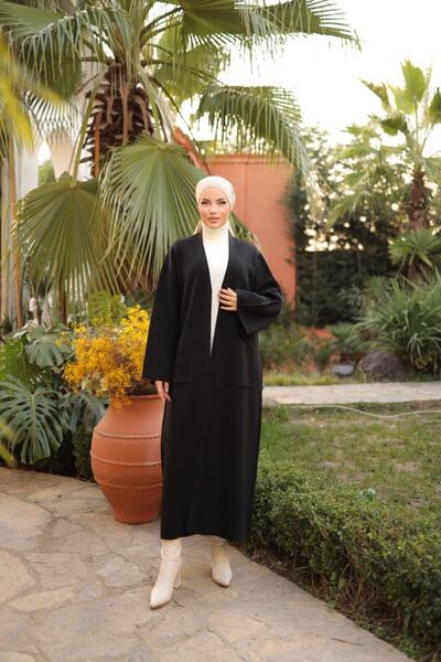 H HİJAB CENTER Black Double Steel Knit Sweater Cardigan Nsr18202