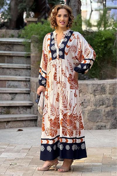 Nevin Kaya Moda Φόρεμα Cream Navy Blue Copper Floral 100% βαμβακερή βισκόζη
