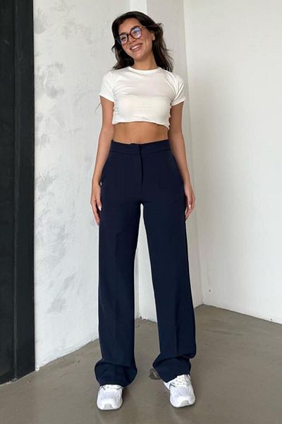 Madmext Navy Blue High Waist Fabric Trousers Mg2284