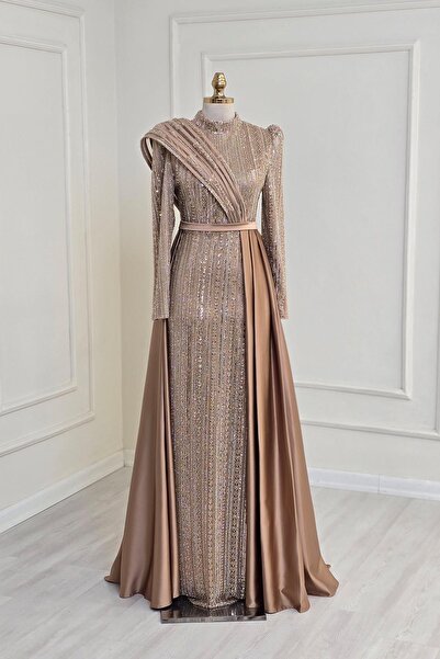 Yonca Moda Evi Gold Cam Taş Omuz Detaylı Abiye 6335
