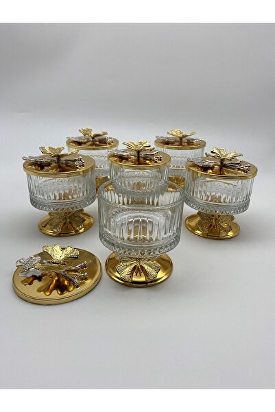 Fiyakalı Ürünler Atölyesi Gold Elysia 6-Piece Glass Magnolia Bowl - Butterfly Lid, Ice Cream Sugar Bowl and Snack Bowl
