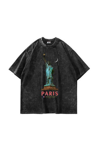 Sekizbiraltı Paris State of Liberty Printed Oversize Unisex Washable Black Tshirt