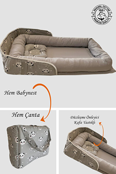 Jaju Baby Babynest Gri Panda Çantalı Bebek Yatağı Taşınabilir Yatak %100 Pamuk Seyahatte,Otelde Arabada...