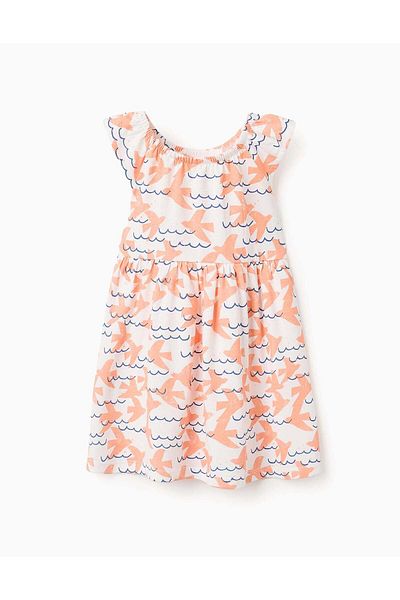 Ziddy Cotton Dress with Motif for Baby Girls, White/Multicolour