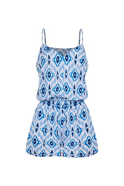Eda Erdoğan Askılı Şort Tulum (mavi Lacivert Etnik Desen)