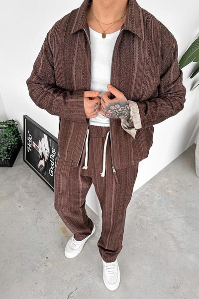 HAFKAGİYİM Brown Ethnic Pattern Premium Cropped Jacket