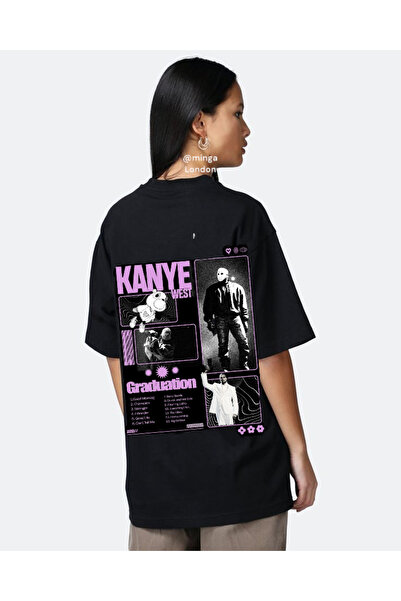 Minga London تي شيرت أسود كاني ويست أرجواني كبير الحجم مطبوع من الأمام/الخلف ...